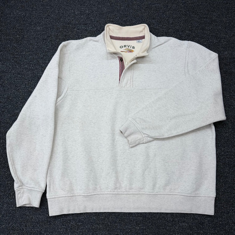 Orvis Mens XXL Oatmeal Heather Grey Quarter Zip Fleece Pullover Sweatshirt